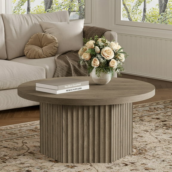 SICOTAS 31.5" Round Fluted Coffee Table for Living Room, Modern Cloud Coffee Table with Spacious Tabletop, Art Deco Sturdy Circle Coffee Table, Gray Alder