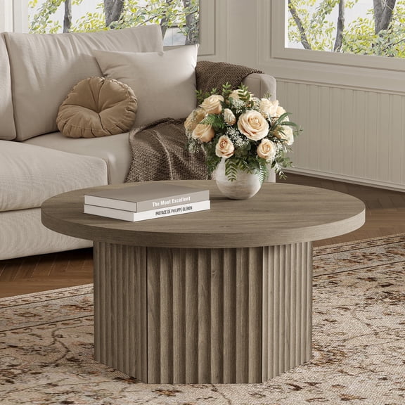 SICOTAS 31.5" Round Fluted Coffee Table for Living Room, Modern Cloud Coffee Table with Spacious Tabletop, Art Deco Sturdy Circle Coffee Table, Gray Alder