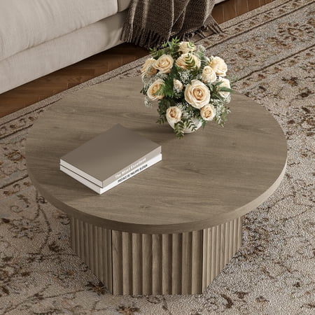 SICOTAS 31.5" Round Fluted Coffee Table for Living Room, Modern Cloud Coffee Table with Spacious Tabletop, Art Deco Sturdy Circle Coffee Table, Gray Alder