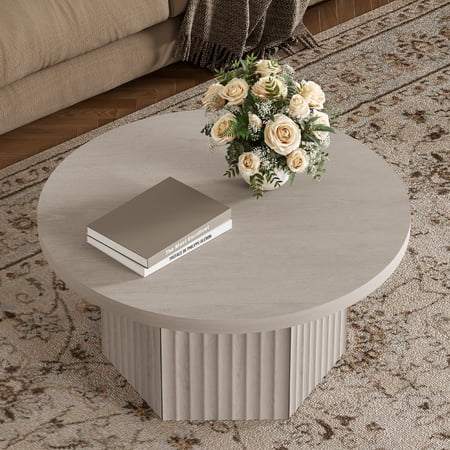 SICOTAS 31.5" Round Fluted Coffee Table for Living Room, Modern Cloud Coffee Table with Spacious Tabletop, Art Deco Sturdy Circle Coffee Table, White Alder