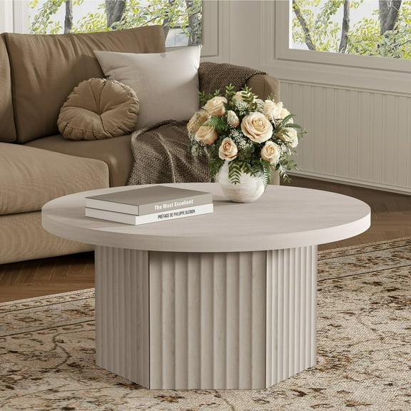 SICOTAS 31.5" Round Fluted Coffee Table for Living Room, Modern Cloud Coffee Table with Spacious Tabletop, Art Deco Sturdy Circle Coffee Table, White Alder