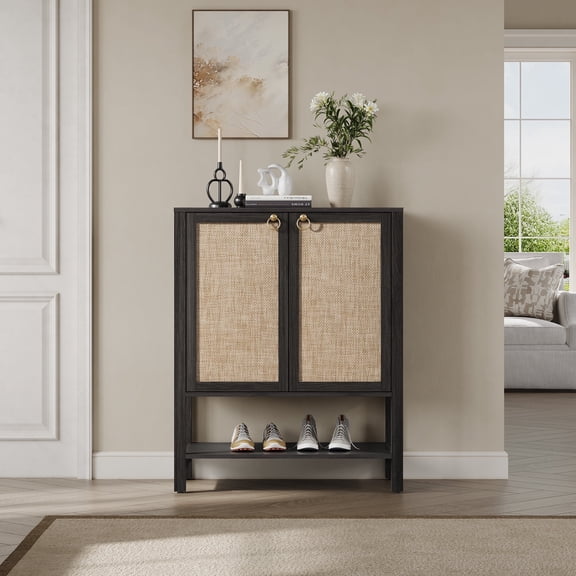 SICOTAS 31.5" Wide Rattan Shoe Cabinet with 2 Doors & Adjustable Shelves – Farmhouse Entryway Storage Organizer for Hallway Foyer Enterway Clearance, Black Oak