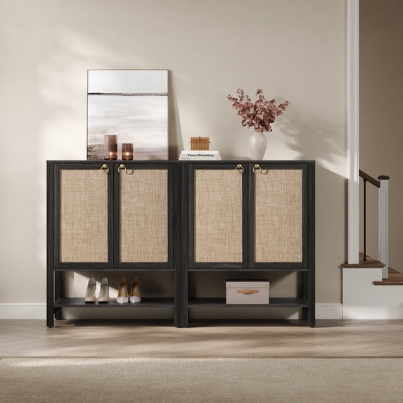 SICOTAS 31.5"W Rattan Shoe Cabinet Set of 2 with 2 Rattan Doors, Boho Farmhouse Shoe Storage Organizer with Adjustable Shelves & Open Storage, Black Walnut Oak