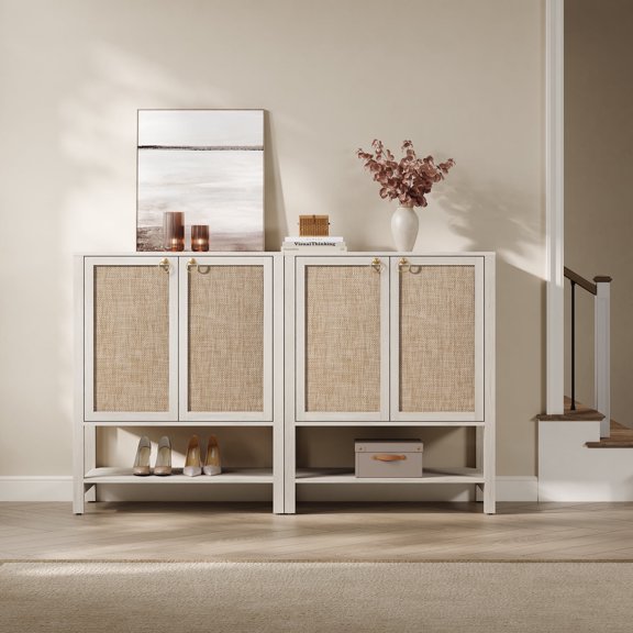 SICOTAS 31.5"W Rattan Shoe Cabinet Set of 2 with 2 Rattan Doors, Boho Farmhouse Shoe Storage Organizer with Adjustable Shelves & Open Storage, White Oak