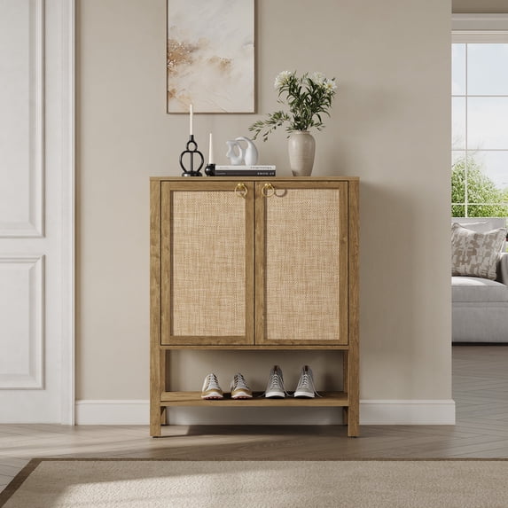 SICOTAS 31.5"W Boho Shoe Cabinet with 2 Rattan Doors, Boho, Cherry Oak Coastal Shoe Storage Organizer with Adjustable Shelves & Open Storage for Hallway Foyer Living Room
