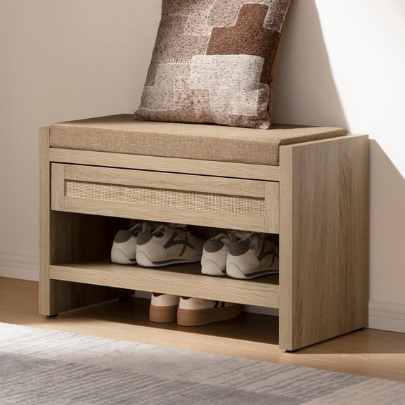 SICOTAS 31" W Shoe Storage Bench with Removable Cushion & Oversized Rattan Drawer, Boho 2-Tier Shoe Rack Bench for Entryway, Bedroom, 330 lb Capacity, Light Oak