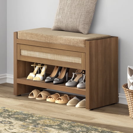 SICOTAS 31" W Shoe Storage Bench with Removable Cushion & Oversized Rattan Drawer, Boho 2-Tier Shoe Rack Bench for Entryway, Bedroom, 330 lb Capacity, Natural Oak