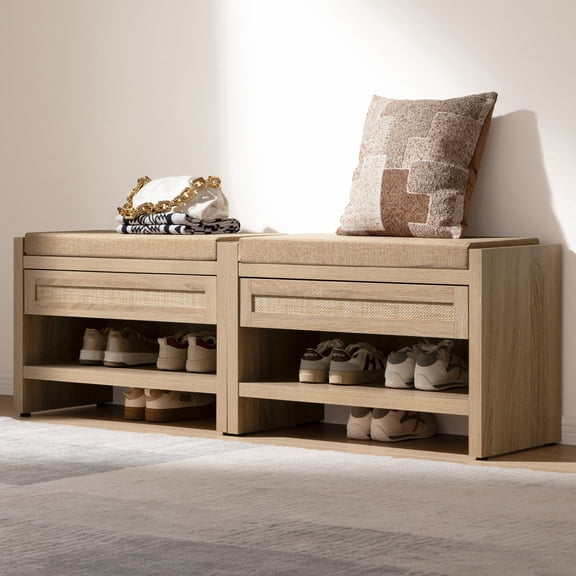 SICOTAS 31" W Shoe Storage Bench Set of 2 with Removable Cushion & Oversized Rattan Drawer, Boho 2-Tier Shoe Rack Bench for Entryway, Bedroom, 330 lb Capacity, Light Oak