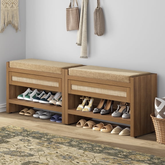 SICOTAS 31" W Shoe Storage Bench Set of 2 with Removable Cushion & Oversized Rattan Drawer, Boho 2-Tier Shoe Rack Bench for Entryway, Bedroom, 330 lb Capacity, Natural Oak
