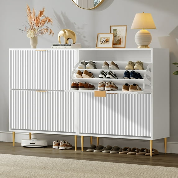 SICOTAS 31.3"W Shoe Storage Cabinet Set of 2, High-Gloss White Modular Shoe Rack Cabinet with 4 Fluted Flip Drawers for 48 Pcs, Large Modern 7-Tier Shoe Cabinet for Entryway, Living Room