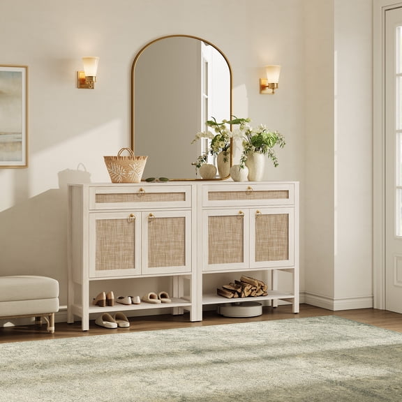 SICOTAS 33.5"Wide Cream White Sideboard Set of 2-Boho Storage Cabinet with Adjustable Shelves & Drawer, Rattan Buffet Sideboard with Gold Round Handles for Kitchen,Living Room, Dining Room