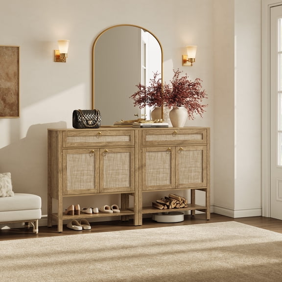 SICOTAS 33.5"Wide Sideboard Set of 2-Boho Storage Cabinet with Adjustable Shelves & Drawer, Rattan Buffet Sideboard with Gold Round Handles for Kitchen,Living Room, Dining Room,Cherry Oak