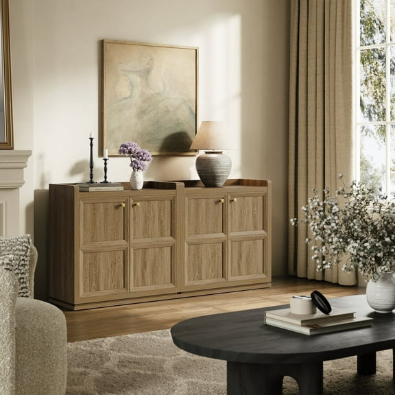 SICOTAS 33.7"W Sideboard Buffet Cabinet Set of 2, Farmhouse Accent Cabinet with Doors and Adjustable Shelf, Small Modular Storage Cabinet for Entryway, Living Room, Kitchen, Brown Oak