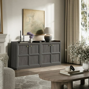 SICOTAS 33.7"W Sideboard Buffet Cabinet Set of 2, Farmhouse Accent Cabinet with Doors and Adjustable Shelf, Small Modular Storage Cabinet for Entryway, Living Room, Kitchen, Grey Oak