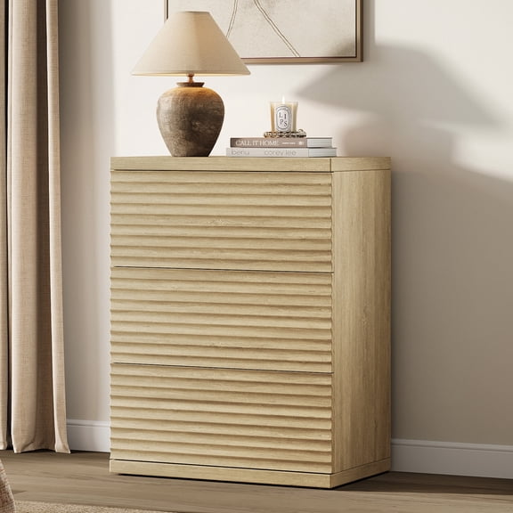 SICOTAS 33.7" Tall 3 Drawer Nightstand Dresser for Bedroom, Modern Fluted Small Chest of Drawers with Slide Rails, Wood Modular Storage Cabinet, End Table for Living Room, Natural Oak