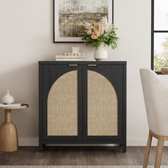 SICOTAS 34.2 Inch Wide Kitchen Pantry Cabinet with 2 Arch Doors, Rattan Storage Cabinet with Adjustable Shelves for Kitchen, Freestanding Organizer Sideboard in Black