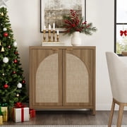 SICOTAS 34.2 Inch Wide Kitchen Pantry Cabinet with 2 Arch Doors, Rattan Storage Sideboard Cabinet with Adjustable Shelves for Kitchen, Freestanding Organizer Credenzas in Natural Oak