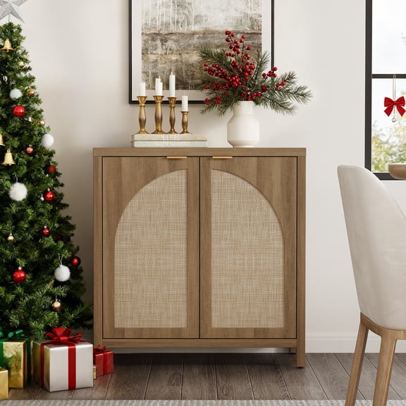SICOTAS 34.2 Inch Wide Kitchen Pantry Cabinet with 2 Arch Doors, Rattan Storage Sideboard Cabinet with Adjustable Shelves for Kitchen, Freestanding Organizer Credenzas in Natural Oak