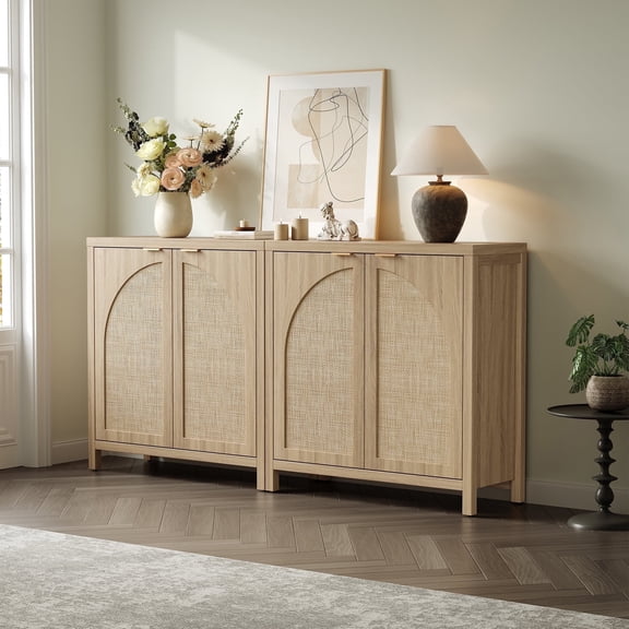 SICOTAS 34.2 Inch Wide Kitchen Pantry Cabinet Set of 2 with 2 Arched Doors, Rattan Sideboard Buffet Cabinet with Adjustable Shelves,Modular Storage Cabinets Credenzas for Living Room ,Light Oak