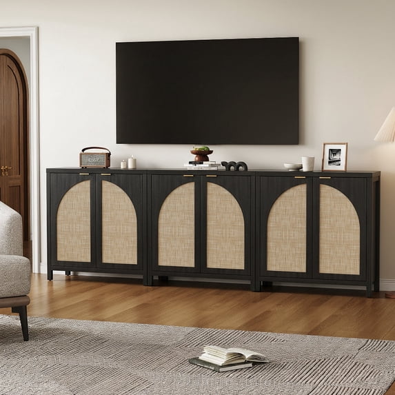 SICOTAS 34.2 Inch Wide Kitchen Pantry Cabinet Set of 3 with 2 Arch Rattan Doors, Adjustable Shelves, for Kitchen Storage, Freestanding Organizer Sideboard in Black