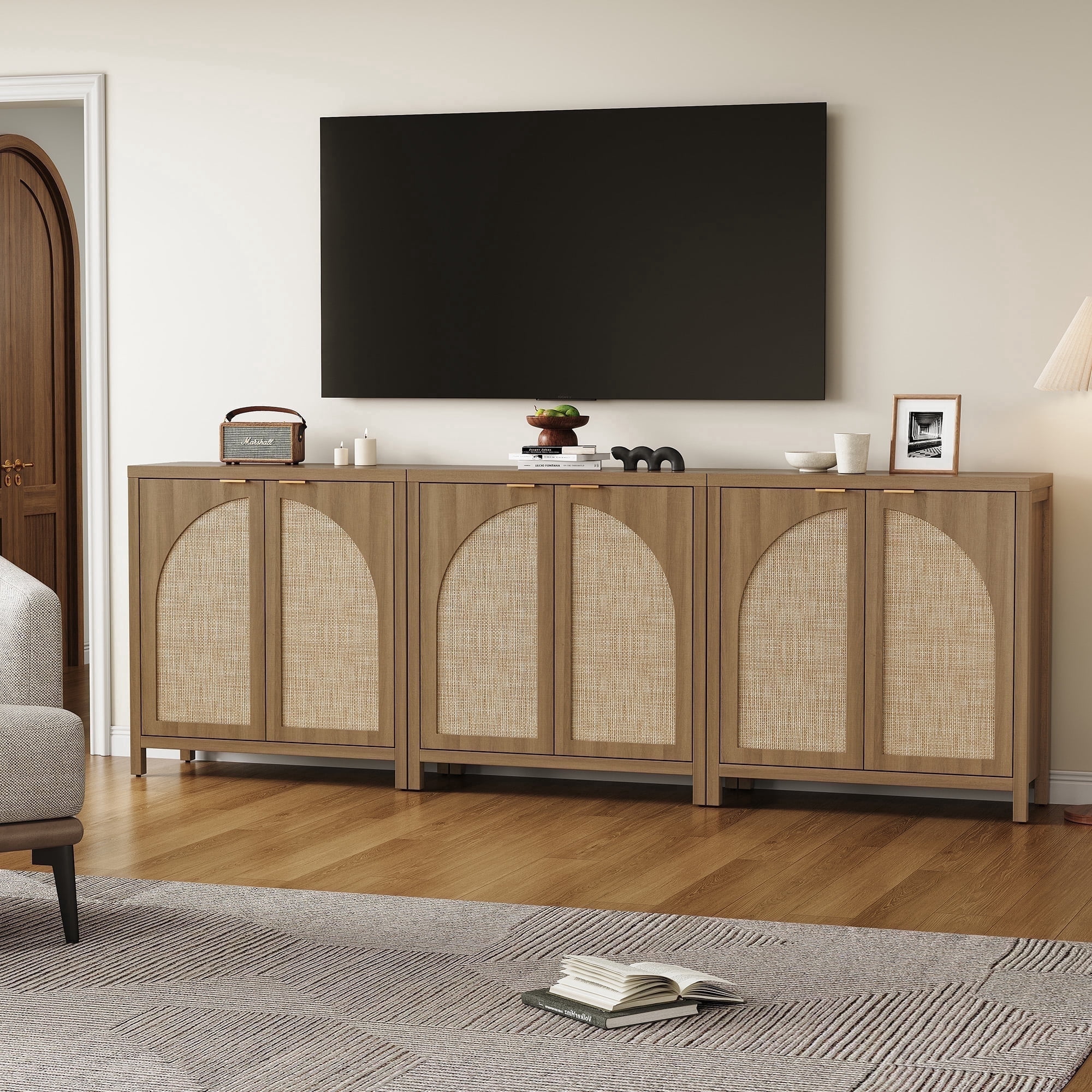 SICOTAS 34.2 Inch Wide Kitchen Pantry Cabinet Set of 3 with 2 Arch Rattan Doors, Adjustable Shelves, for Kitchen Storage, Freestanding Organizer Sideboard in Natural Oak