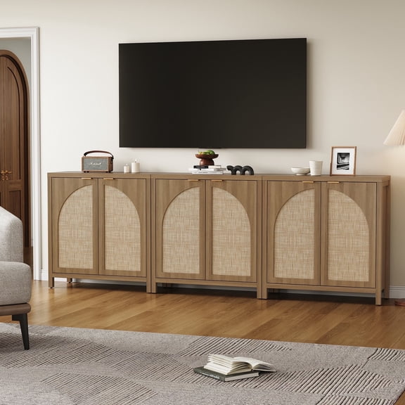 SICOTAS 34.2 Inch Wide Kitchen Pantry Cabinet Set of 3 with 2 Arch Rattan Doors, Adjustable Shelves, for Kitchen Storage, Freestanding Organizer Sideboard in Natural Oak