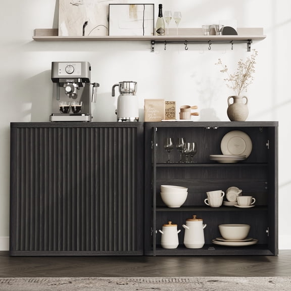 SICOTAS 34.6" Wide Kitchen Storage Cabinet Set of 2, Modern Credenz Sideboard Buffet with 2 Doors, for Dishes, Coffee Bar Console Cabinet with Adjustable Shelf,Dark Gray Alder