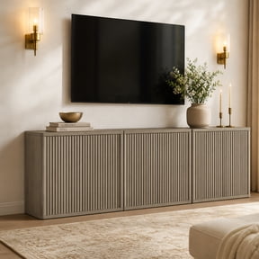 SICOTAS 34.6" Wide Storage Cabinet, Modern Fluted Sideboard Buffet Set of 3,Coffee Bar Console Table with Adjustable Shelf, Gray Credenza Cabinet for Kitchen Dining Room,