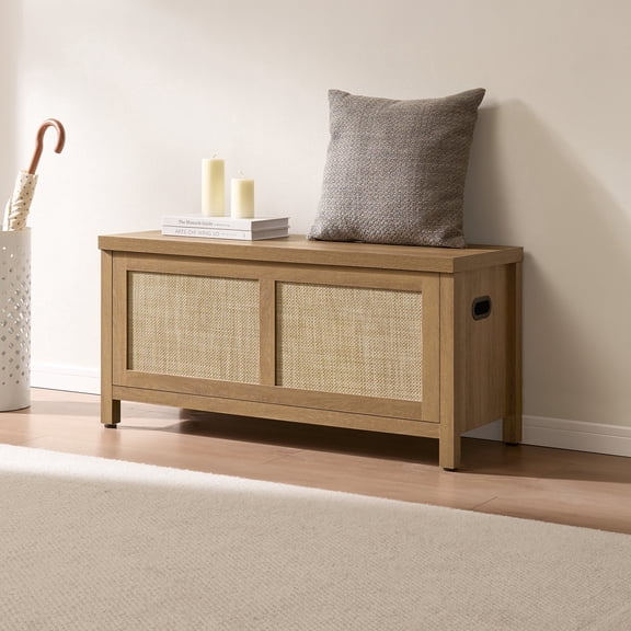 SICOTAS 39.4" Wide Storage Bench with Flip-Top Lid, Rattan Shoe Rack Bench With Ample Storage Space Multi-functional Bench for Entryway – Reclaimed Caramel Oak