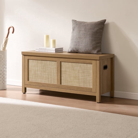 SICOTAS 39.4" Wide Storage Bench with Flip-Top Lid, Rattan Shoe Rack Bench With Ample Storage Space Multi-functional Bench for Entryway – Reclaimed Caramel Oak