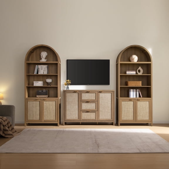 SICOTAS 3Pcs Rattan Kitchen Pantry Storage Cabinet-84.2"H Tall Arched Pantry Cabinet Set of 2 with Adjustable Shelves, 51.6"W Sideboard with 3 Drawers for Living Room, Dining Room, Natural Oak
