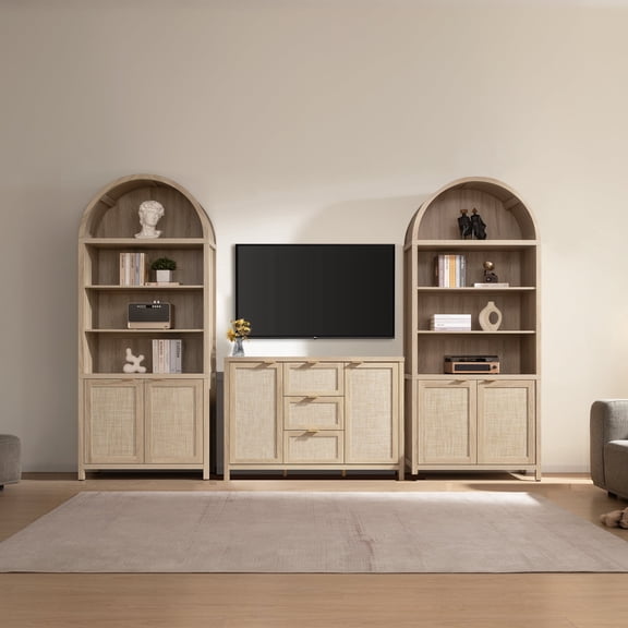 SICOTAS 3Pcs Rattan Kitchen Pantry Storage Cabinet-84.2"H Tall Arched Pantry Cabinet Set of 2 with Adjustable Shelves, 51.6"W Sideboard with 3 Drawers for Living Room, Dining Room, Light Oak