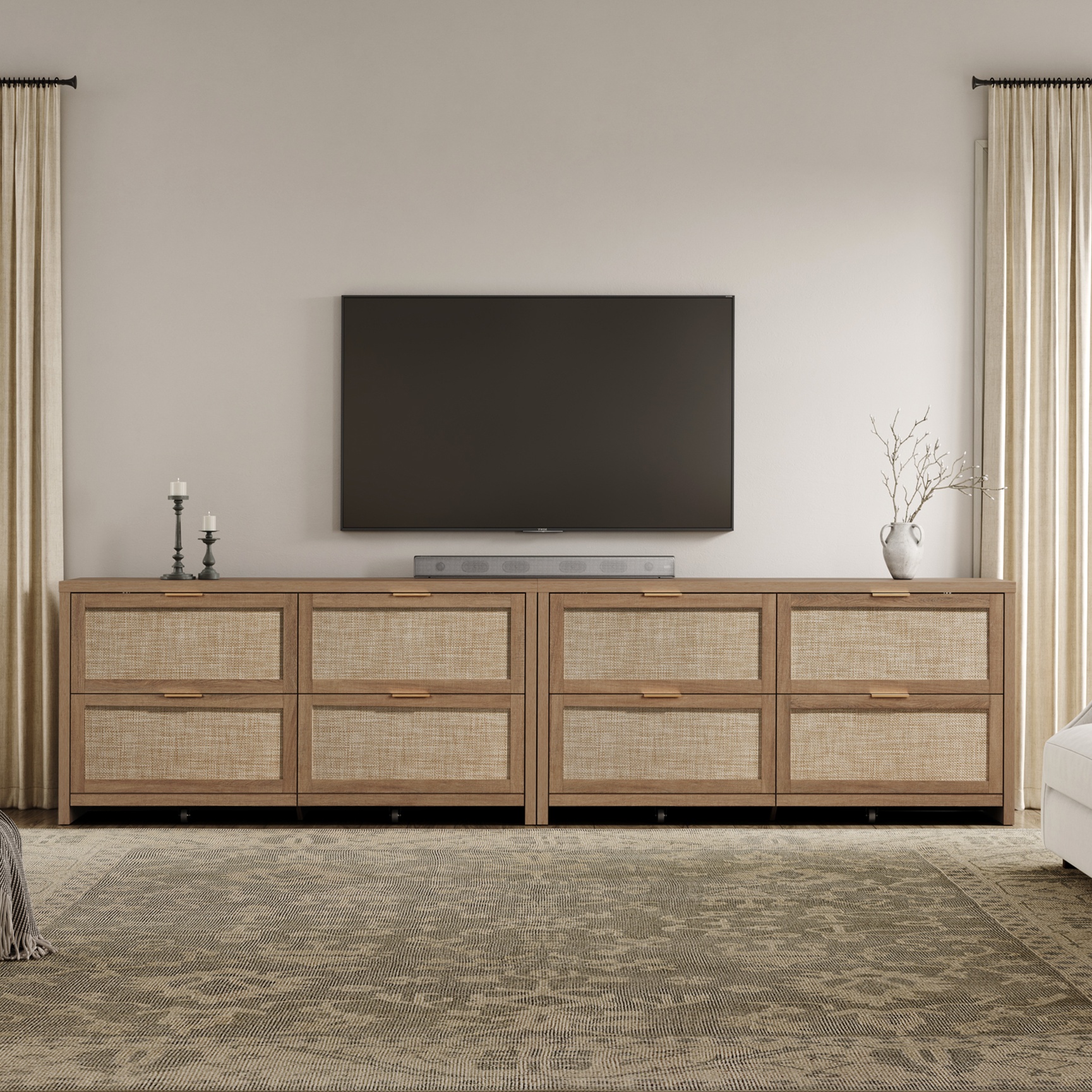 SICOTAS 60.83" Wide Large 4 Drawer Dresser Set of 2, Oversized Rattan Dressers for Bedroom with Gold Handles & Rolling Wheels, Boho Dresser TV Stand up to 70" TV for Living Room, Oak