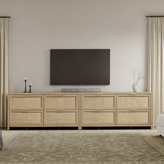 SICOTAS 60.83" Wide Large 4 Drawer Dresser Set of 2, Oversized Rattan Dressers for Bedroom with Gold Handles & Rolling Wheels, Boho Dresser TV Stand up to 70" TV for Living Room, Light Oak