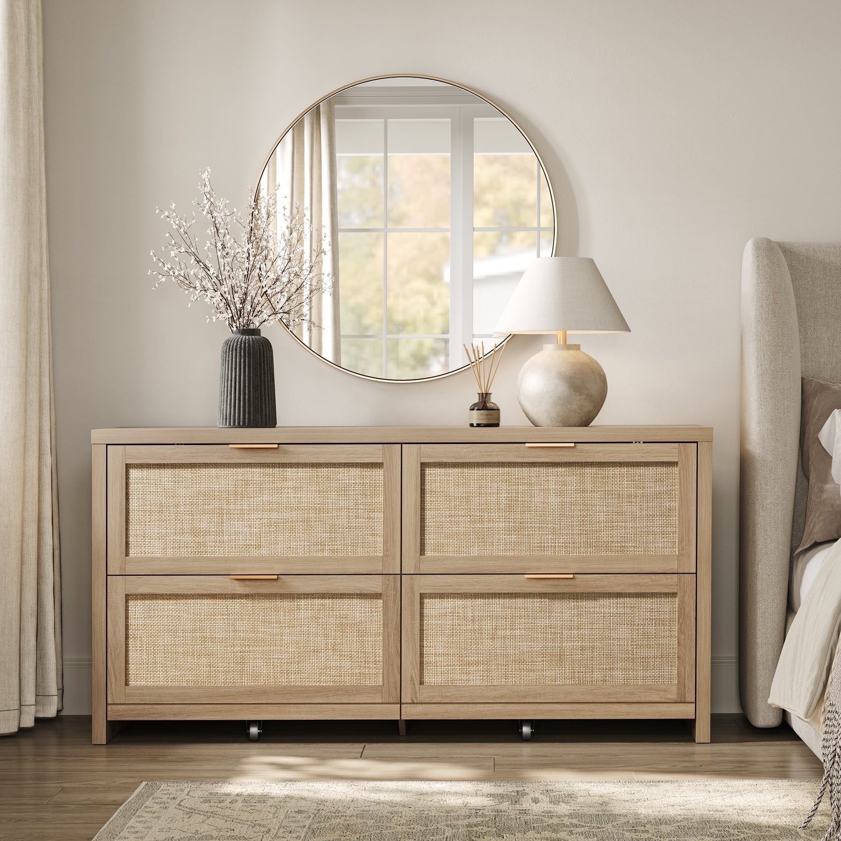 SICOTAS 60.83" Wide Large 4 Drawer Dresser for Bedroom, Oversized Rattan Dressers with Gold Handles & Rolling Wheels, Boho Dresser TV Stand up to 70" TV for Living Room, Light Oak