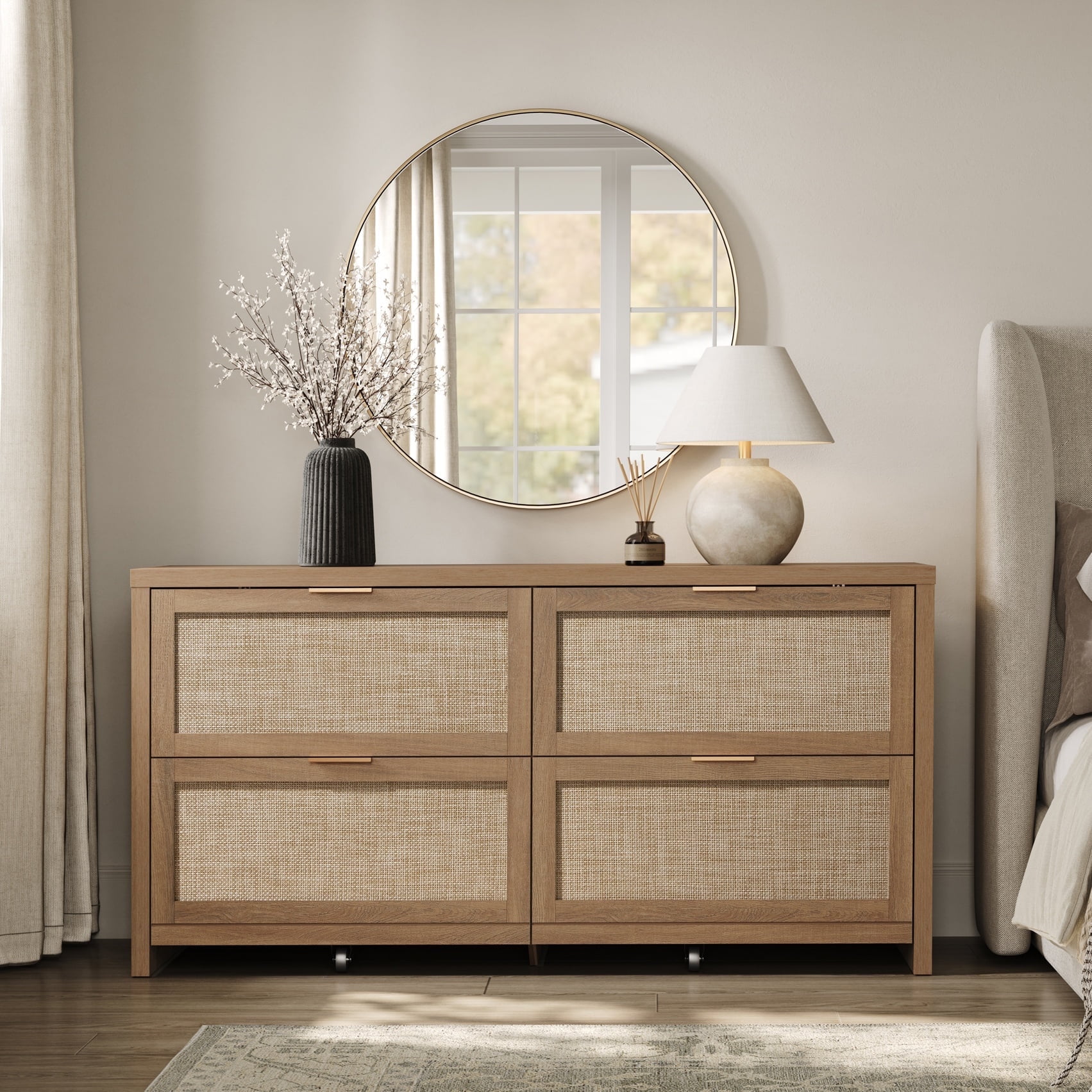 SICOTAS 60.83" Wide Large 4 Drawer Dresser for Bedroom, Oversized Rattan Dressers with Gold Handles & Rolling Wheels, Boho Dresser TV Stand up to 70" TV for Living Room, Oak