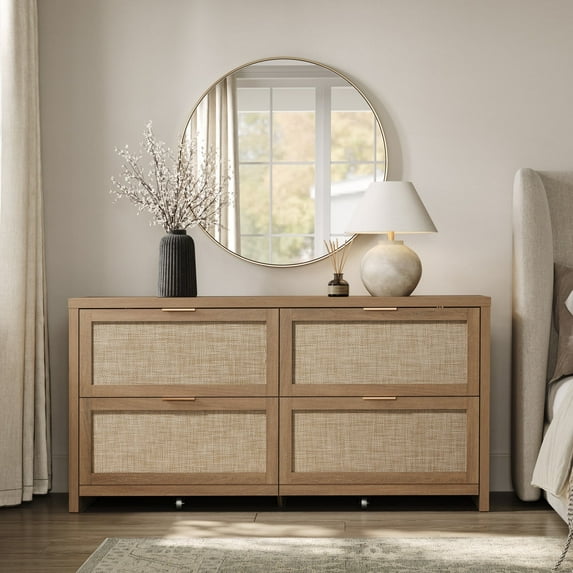 SICOTAS 60.83" Wide Large 4 Drawer Dresser for Bedroom, Oversized Rattan Dressers with Gold Handles & Rolling Wheels, Boho Dresser TV Stand up to 70" TV for Living Room, Oak