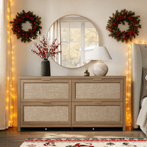 SICOTAS 60.83" Wide Large 4 Drawer Dresser for Bedroom, Oversized Rattan Dressers with Gold Handles & Rolling Wheels, Boho Dresser TV Stand up to 70" TV for Living Room, Oak