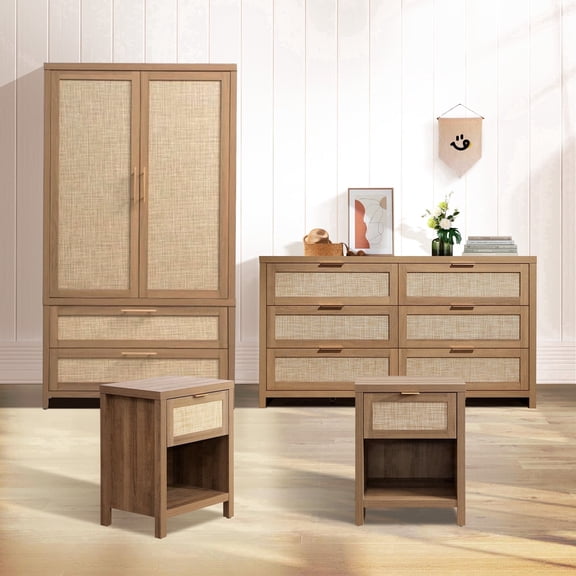 SICOTAS 4-Piece Bedroom Furniture Set, 56.85" Wide Dresser with 6 Drawers, 1 Drawer Nightstand Set of 2, Armoire with Soft-Close Hinges Rattan Farmhouse Bedroom Suite for Ample Storage