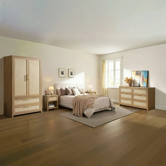 SICOTAS 4-Piece Bedroom Furniture Set with Dresser, Nightstands, and Armoire - Boho 56.85"W Dresser with 6 Drawers, 30"W Nightstand with Charging Station, 70"H Armoire with Storage