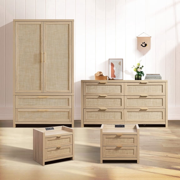 SICOTAS 4-Piece Bedroom Set Dresser with 7 Drawers , 2 Drawer Nightstands with Charging Station, Large Armoire with Rattan Decor, Boho Complete Bedroom Furniture Set