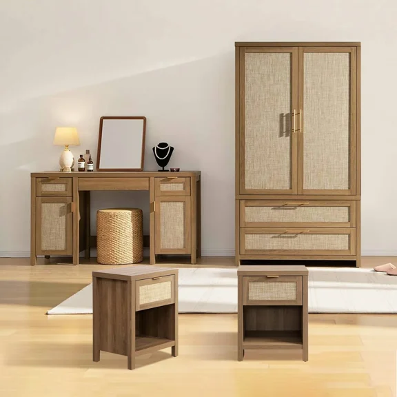 SICOTAS 4-Piece Rattan Bedroom Furniture Set-71"H Wardrobe Closet with 2 Drawers and Hanging Rod, 52"W Vanity Desk with 3 Drawers and 2 Storage Cabinets, 25"H Nightstand Set of 2, Natural Oak