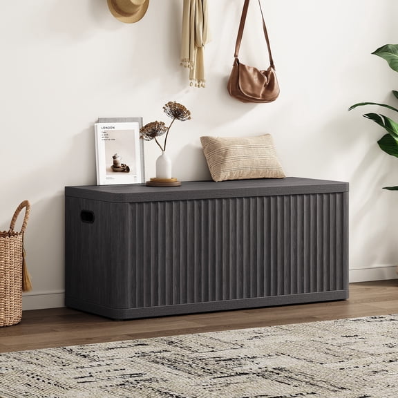 SICOTAS 40.2" W Shoe Storage Bench with Flip-Top,Modern Shoe Rack with Extra Sturdy Build, Wave Design Panel– Shoe Bench, Entryway Organizer, Living Room Seat,Dark Gray Alder