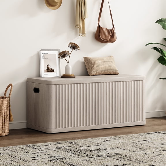 SICOTAS 40.2" W Shoe Storage Bench with Flip-Top,Modern Shoe Rack with Extra Sturdy Build, Wave Design Panel– Shoe Bench, Entryway Organizer, Living Room Seat,White Alder