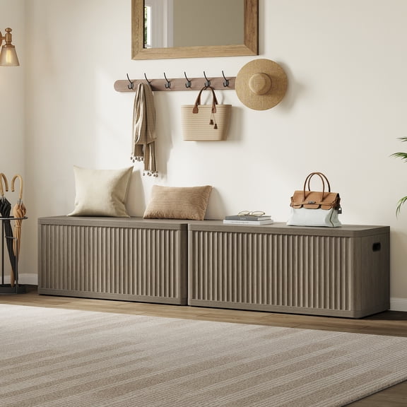 SICOTAS 40.2" W Shoe Storage Bench Set of 2 with Flip-Top,Modern Shoe Rack with Extra Sturdy Build, Wave Design Panel– Shoe Bench, Entryway Organizer, Living Room Seat, Gray Alder