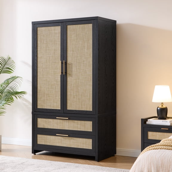 SICOTAS 40"W Oversized Boho Armoire Wardrobe Closet with 2 Large Drawers, 71" Tall Rattan Clothing Storage Cabinet with Shelves&Hanging Rod, Farmhouse Freestanding Wardrobe Cabinet for Bedroom, Black
