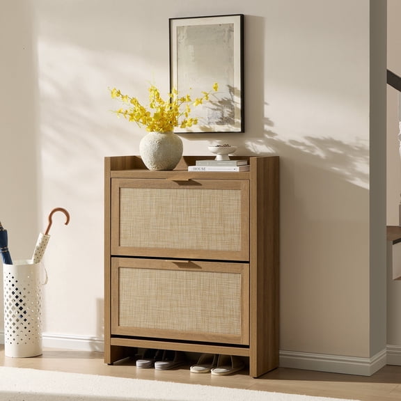 SICOTAS 41.15" Tall Shoe Cabinet with 2 Flip-Down Drawers, Boho Shoe Organizer with Rattan Decor&Adjustable Shelves, Anti-Tip Design,Reclaimed Caramel Oak