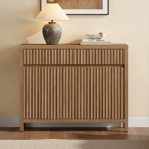 SICOTAS 42.2" W Mid-Century Modern Sideboard Cabinet with 2 Large Drawers & 3 Doors, Fluted Buffet Storage Cabinet with Adjustable Shelves for Living Room, Dining Room, Kitchen, Light Oak