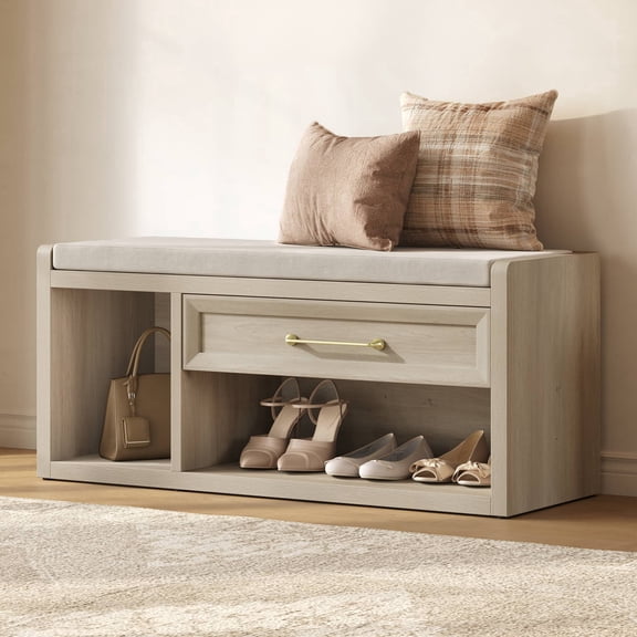 SICOTAS 43.3"W Large Shoe Storage Bench with Removable Cushion, Drawer & Tall Boots Shelf, 2-Tier Modern Farmhouse Shoe Rack Bench for Entryway, Living Room, Bedroom, 300 lb Capacity, White