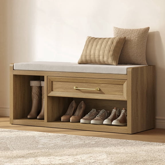 SICOTAS 43.3"W Large Shoe Storage Bench with Removable Cushion, Drawer & Tall Boots Shelf, 2-Tier Modern Farmhouse Shoe Rack Bench for Entryway, Living Room, Bedroom, 300 lb Capacity, Brown